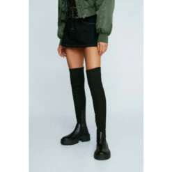 NastyGal Faux Leather Knit Knee High Chunky Boot For Female