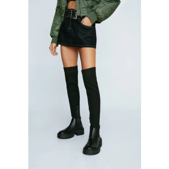 NastyGal Faux Leather Knit Knee High Chunky Boot For Female - Image 3
