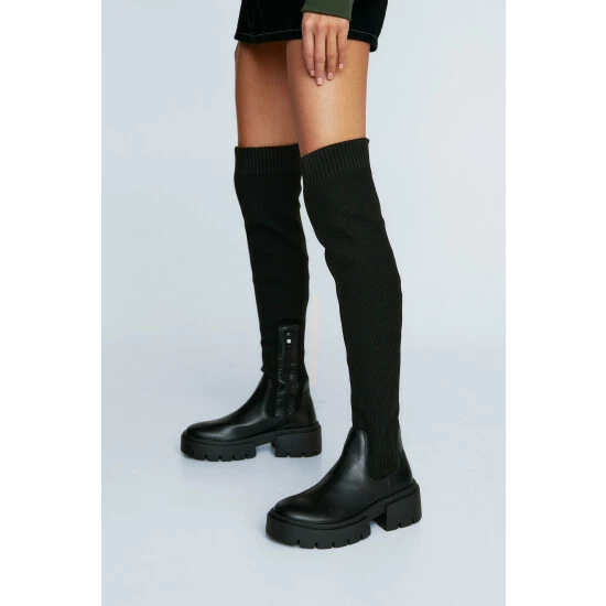 NastyGal Faux Leather Knit Knee High Chunky Boot For Female - Image 4