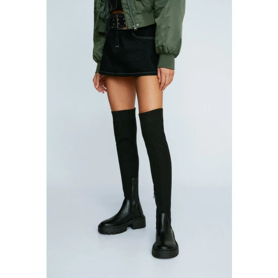 NastyGal Faux Leather Knit Knee High Chunky Boot For Female - Image 5