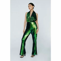 NastyGal Petite Sequin Halter Neck Plunge Jumpsuit For Female