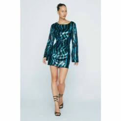 NastyGal Zebra Sequin Flare Sleeve Backless Mini Dress For Female