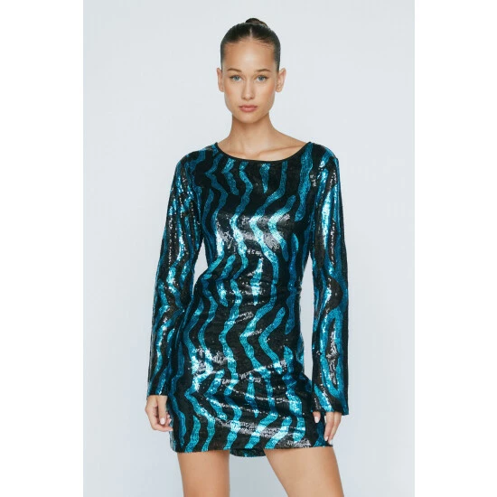 NastyGal Zebra Sequin Flare Sleeve Backless Mini Dress For Female - Image 2