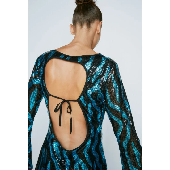 NastyGal Zebra Sequin Flare Sleeve Backless Mini Dress For Female - Image 3
