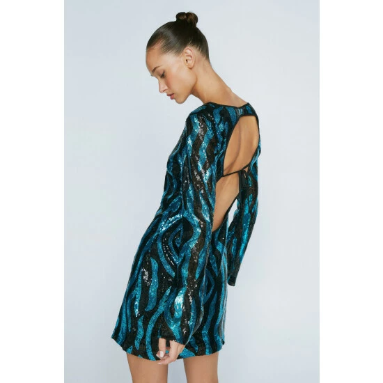 NastyGal Zebra Sequin Flare Sleeve Backless Mini Dress For Female - Image 4