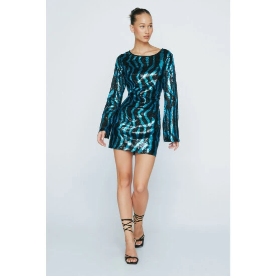 NastyGal Zebra Sequin Flare Sleeve Backless Mini Dress For Female - Image 5