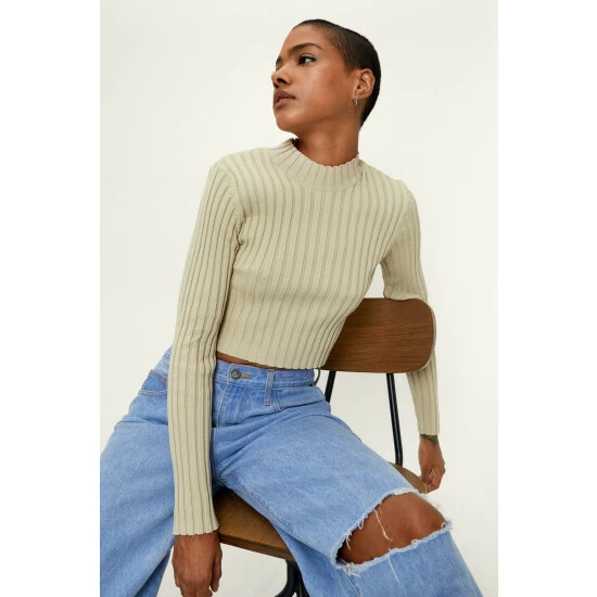 NastyGal Ribbed Knitted Crew Neck Cropped Sweater For Female - Image 6