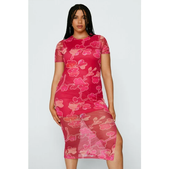 NastyGal Plus Size Floral Print Mesh Midi Dress For Female
