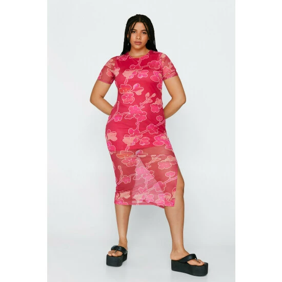NastyGal Plus Size Floral Print Mesh Midi Dress For Female - Image 2