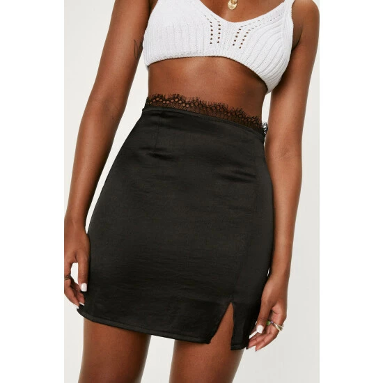 NastyGal Satin Lace Trim Split Hem Mini Skirt For Female - Image 3