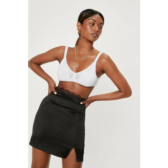 NastyGal Satin Lace Trim Split Hem Mini Skirt For Female - Image 5