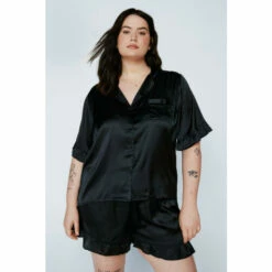 NastyGal Plus Size Satin Ruffle Short Pajama Set For Female
