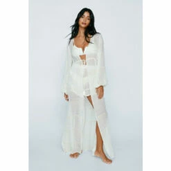 NastyGal Viscose Georgette Glitter Stripe Tassel Maxi Cover Up Kimono For Female