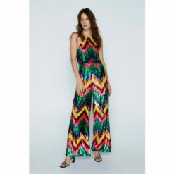 NastyGal Zig Zag Sequin Wide Leg Jumpsuit For Female