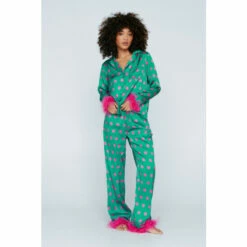 NastyGal Polka Dot Feather Trim Shirt Pant Set For Female