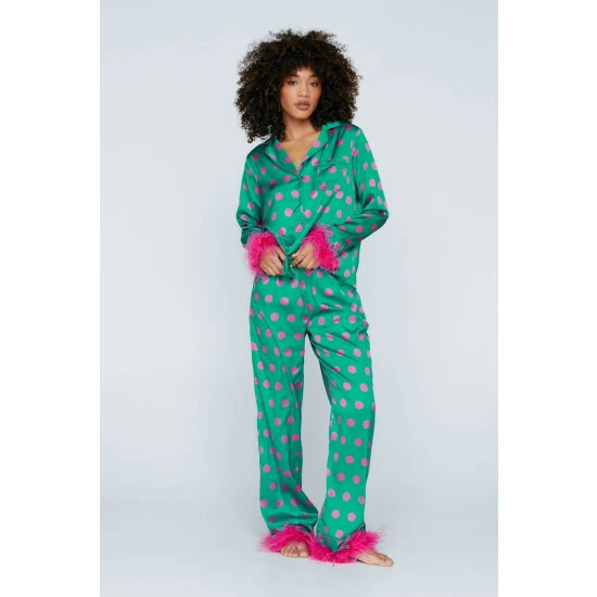 NastyGal Polka Dot Feather Trim Shirt Pant Set For Female