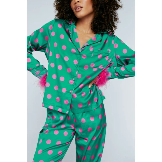 NastyGal Polka Dot Feather Trim Shirt Pant Set For Female - Image 2