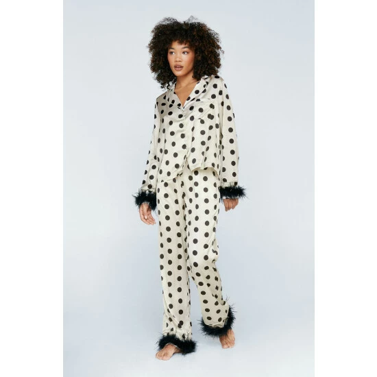 NastyGal Polka Dot Feather Trim Shirt Pant Set For Female - Image 7