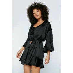 NastyGal Satin Ruffle Mini Robe For Female