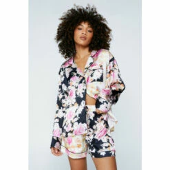NastyGal Satin Floral Print Colourblock Pajama Short Set For Female