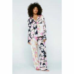 NastyGal Satin Floral Print Colourblock Pajama Trouser Set For Female