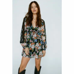 NastyGal Floral Chiffon Lace Trim Mini Dress For Female