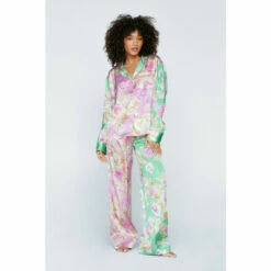 NastyGal Satin Floral Print Colourblock Pajama Trouser Set For Female