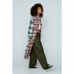 NastyGal Contrast Check Maxi Shirt Jacket For Female