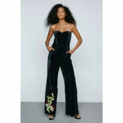 NastyGal Premium Embroidered Velvet Bandeau Jumpsuit For Female