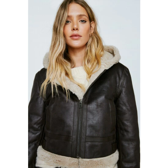 NastyGal Borg Lined Hooded Shrunken Aviator Jacket For Female - Image 3