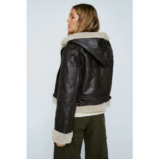 NastyGal Borg Lined Hooded Shrunken Aviator Jacket For Female - Image 4