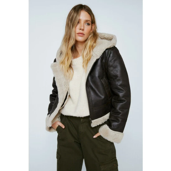 NastyGal Borg Lined Hooded Shrunken Aviator Jacket For Female - Image 5