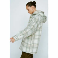 NastyGal Check Pocket Front Hooded Shacket For Female