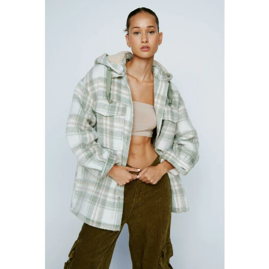NastyGal Check Pocket Front Hooded Shacket For Female - Image 2