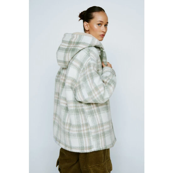 NastyGal Check Pocket Front Hooded Shacket For Female - Image 4