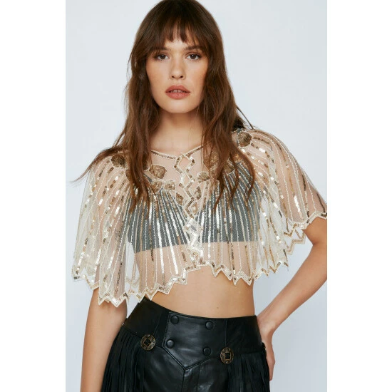 NastyGal Sequin Embellished Fringed Shawl For Female - Image 5
