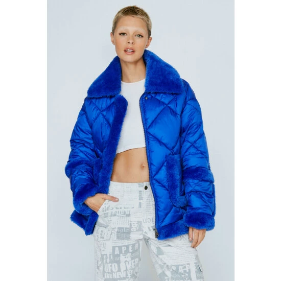 NastyGal Teddy Trim Quilted Puffer Jacket For Female - Image 5