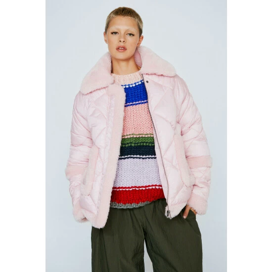 NastyGal Teddy Trim Quilted Puffer Jacket For Female - Image 6