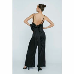 NastyGal Petite Satin Bow Back Wide Leg Jumpsuit For Female