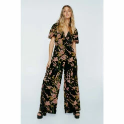 NastyGal Floral Devore Angel Sleeve Jumpsuit For Female