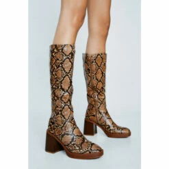 NastyGal Faux Leather Snake Platform Knee High Boots For Female