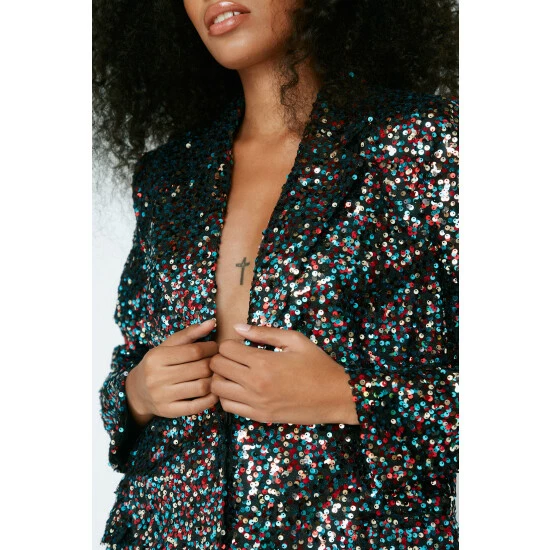 NastyGal Premium Multi Sequin Single Breasted Blazer For Female - Image 2
