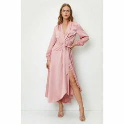 NastyGal Satin Long Sleeve Midi Wrap Dress For Female