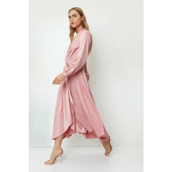 NastyGal Satin Long Sleeve Midi Wrap Dress For Female - Image 2