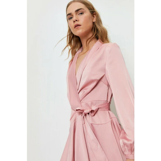 NastyGal Satin Long Sleeve Midi Wrap Dress For Female - Image 3