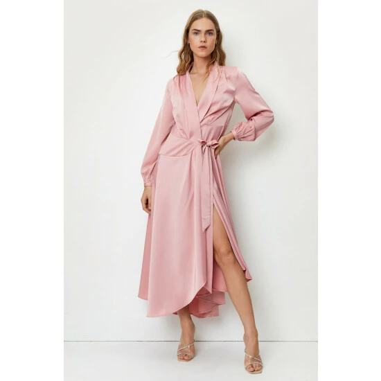 NastyGal Satin Long Sleeve Midi Wrap Dress For Female - Image 5
