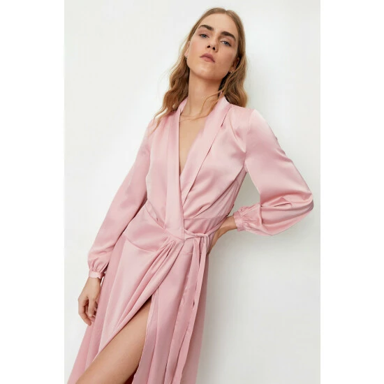 NastyGal Satin Long Sleeve Midi Wrap Dress For Female - Image 6