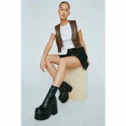 NastyGal Faux Leather Platform Studded Ankle Boot For Female