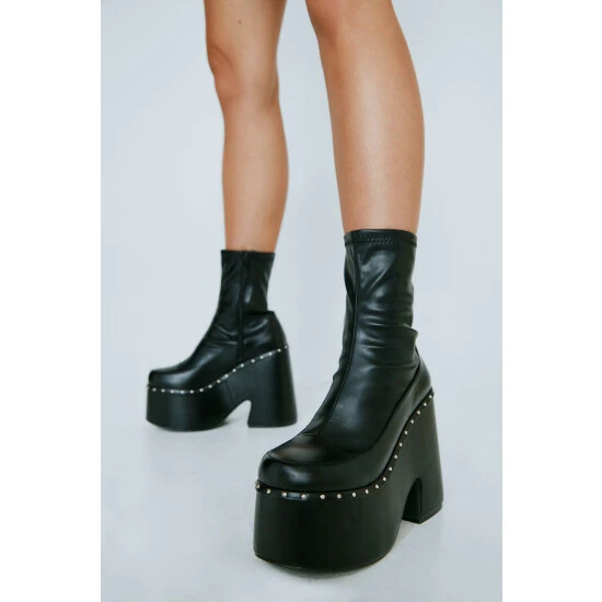 NastyGal Faux Leather Platform Studded Ankle Boot For Female - Image 2