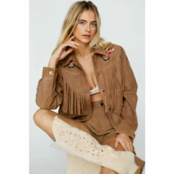 NastyGal Suede Fringed Embroidered Jacket For Female